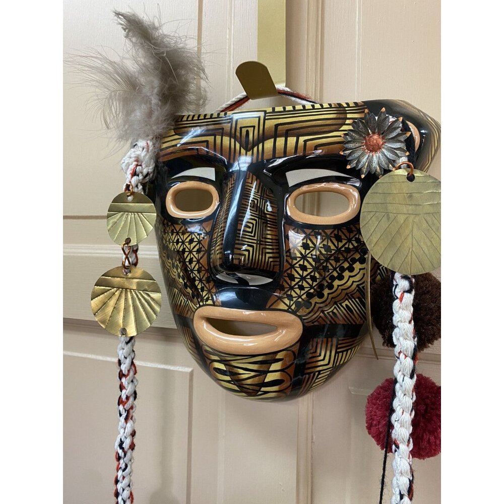 Costa Rica Ceramic Mask Feathers Boruca Style Signed By Artist Arroyabe Suraj - Picture 8 of 11